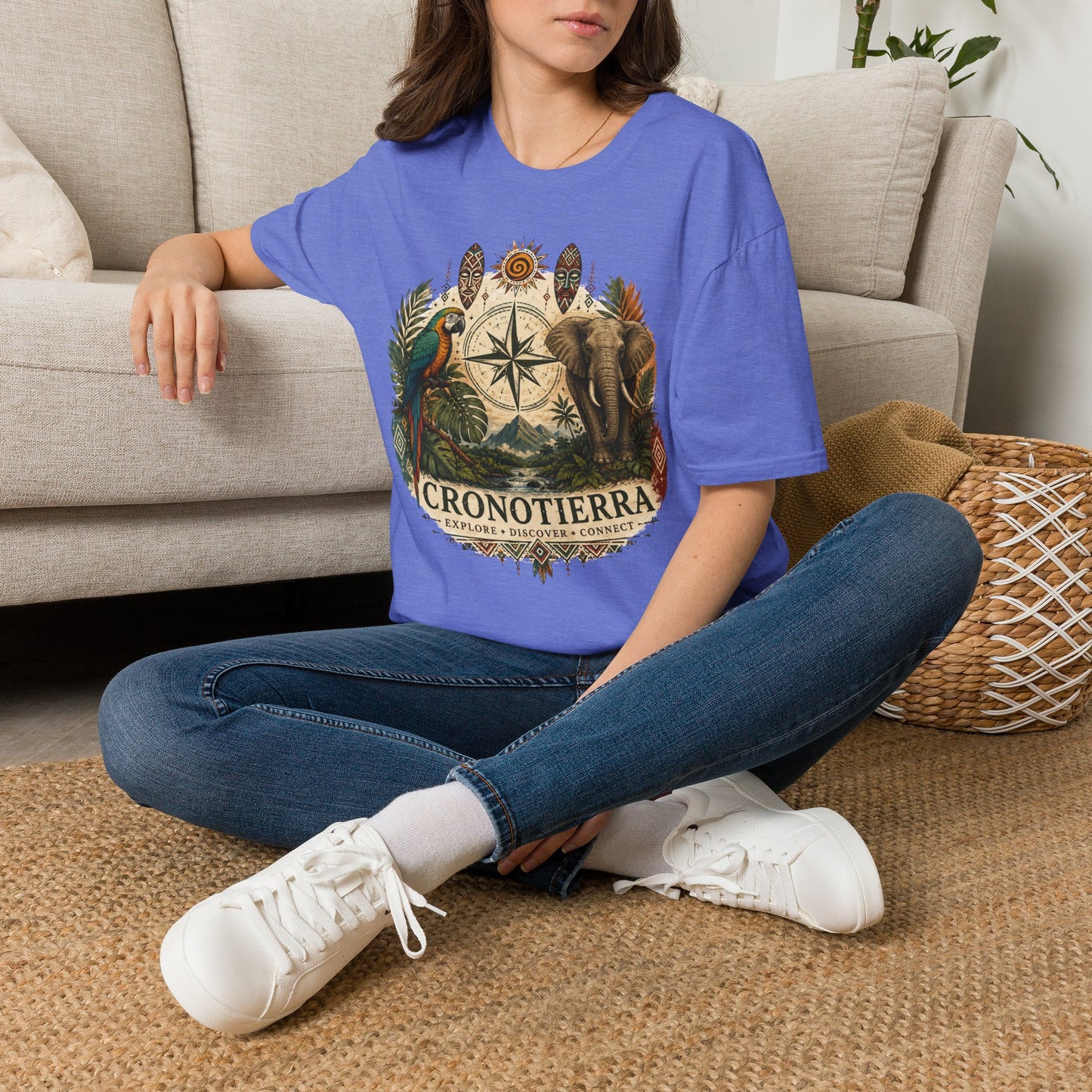 Safari Compass T‑Shirt — Vintage Elephant & Parrot Adventure Tee