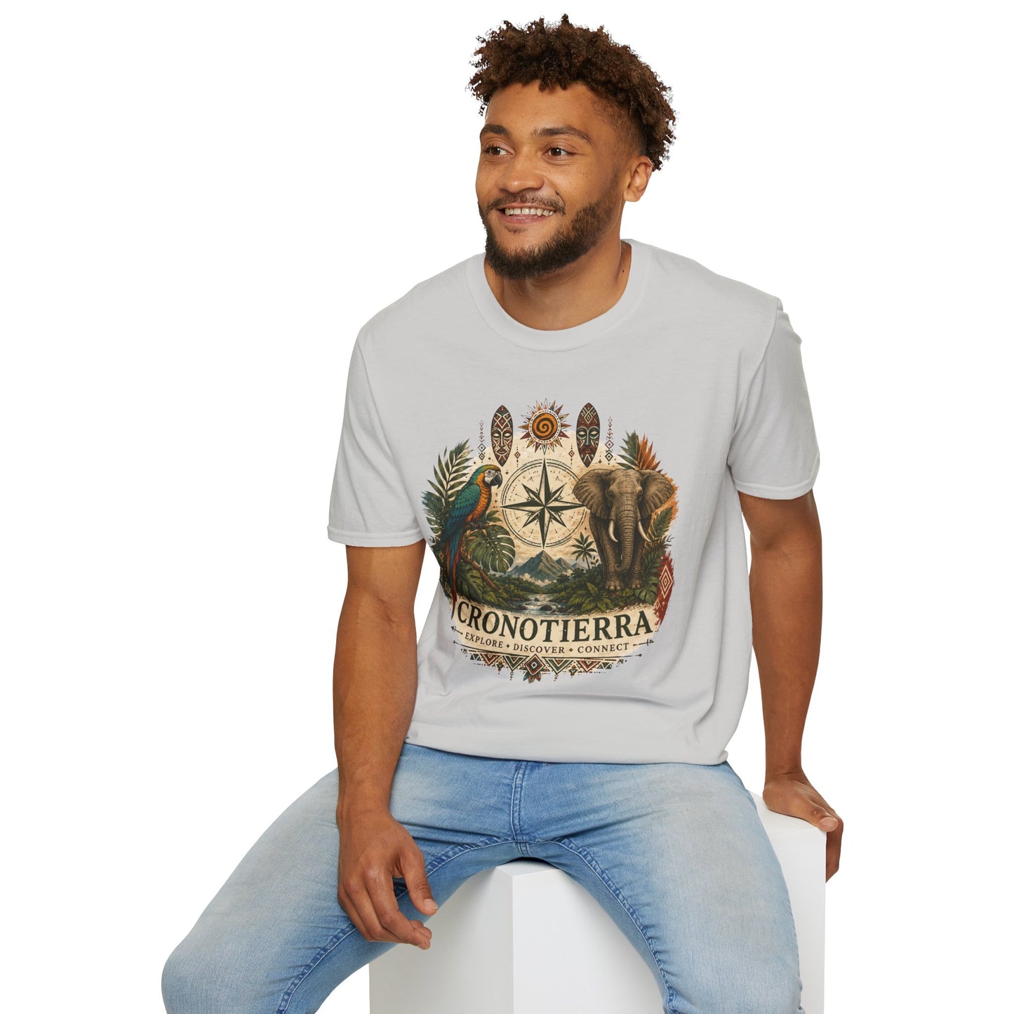 Safari Compass T‑Shirt — Vintage Elephant & Parrot Adventure Tee
