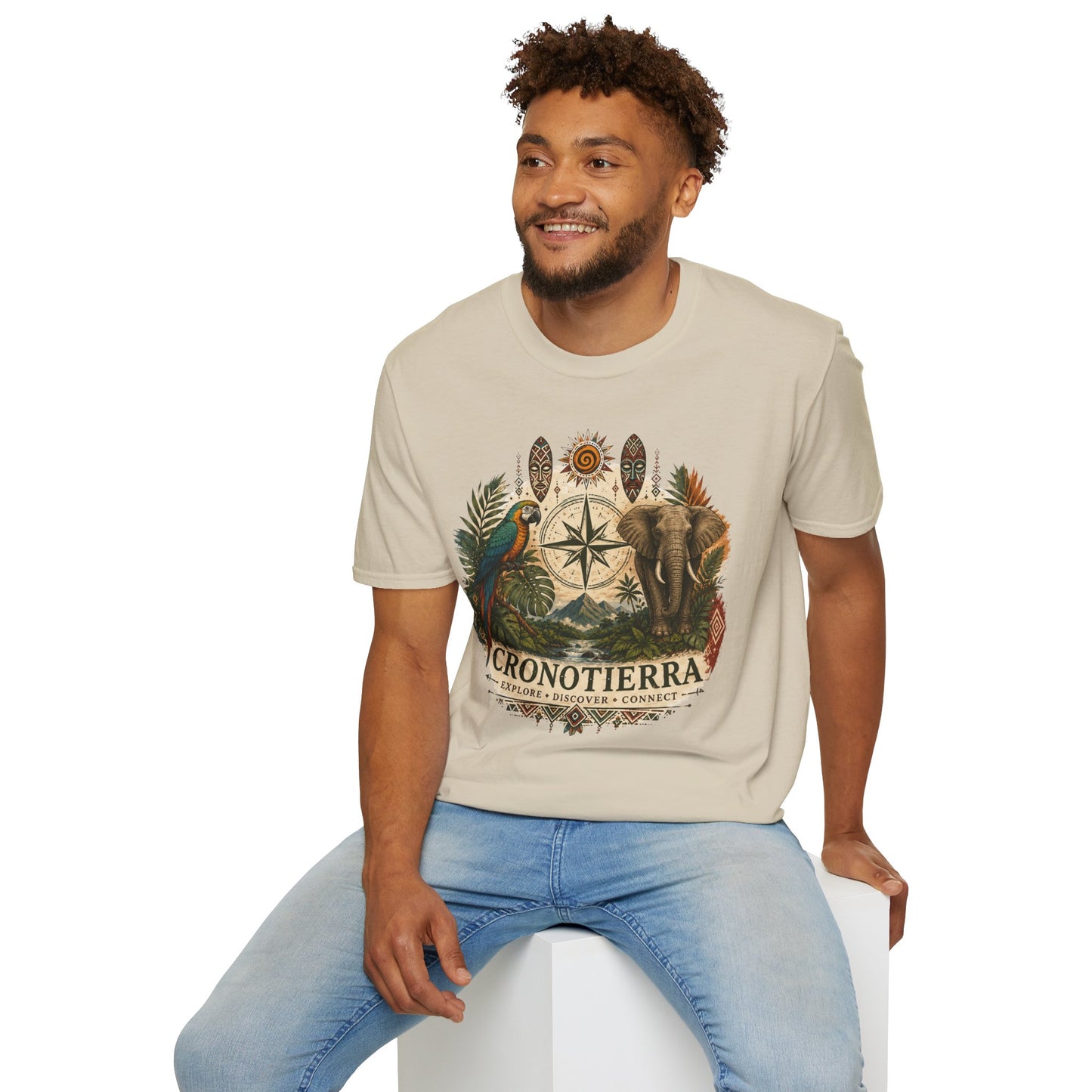 Safari Compass T‑Shirt — Vintage Elephant & Parrot Adventure Tee