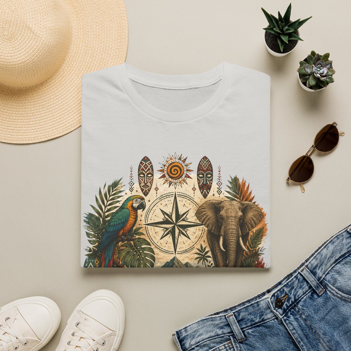 Safari Compass T‑Shirt — Vintage Elephant & Parrot Adventure Tee
