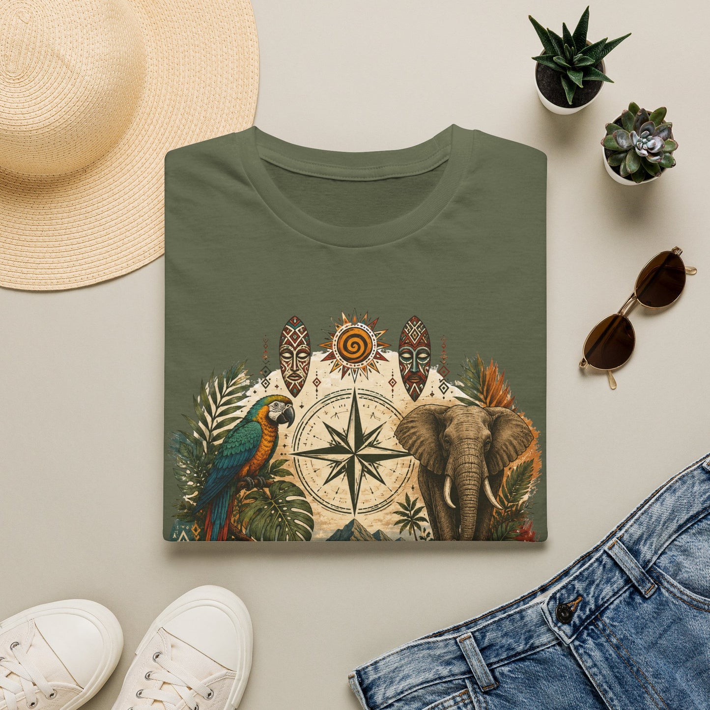 Safari Compass T‑Shirt — Vintage Elephant & Parrot Adventure Tee