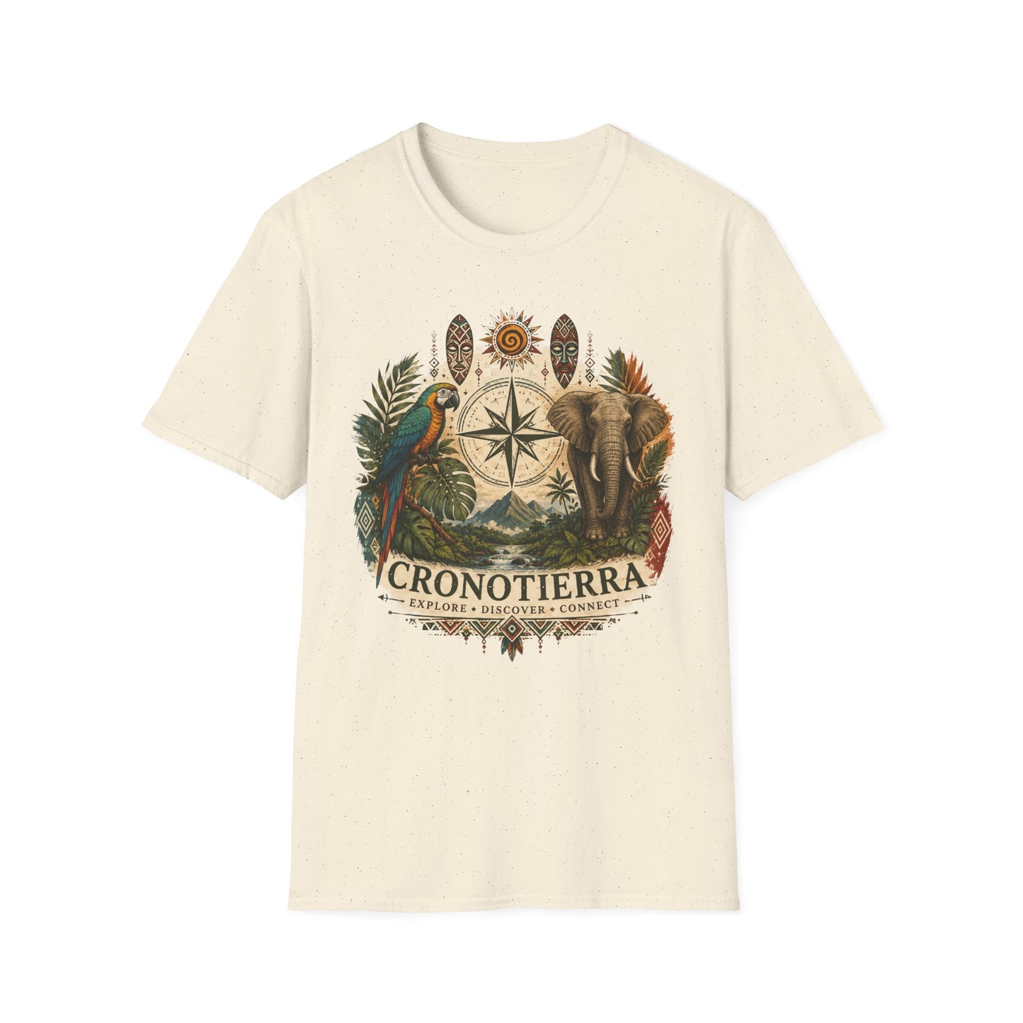 Safari Compass T‑Shirt — Vintage Elephant & Parrot Adventure Tee