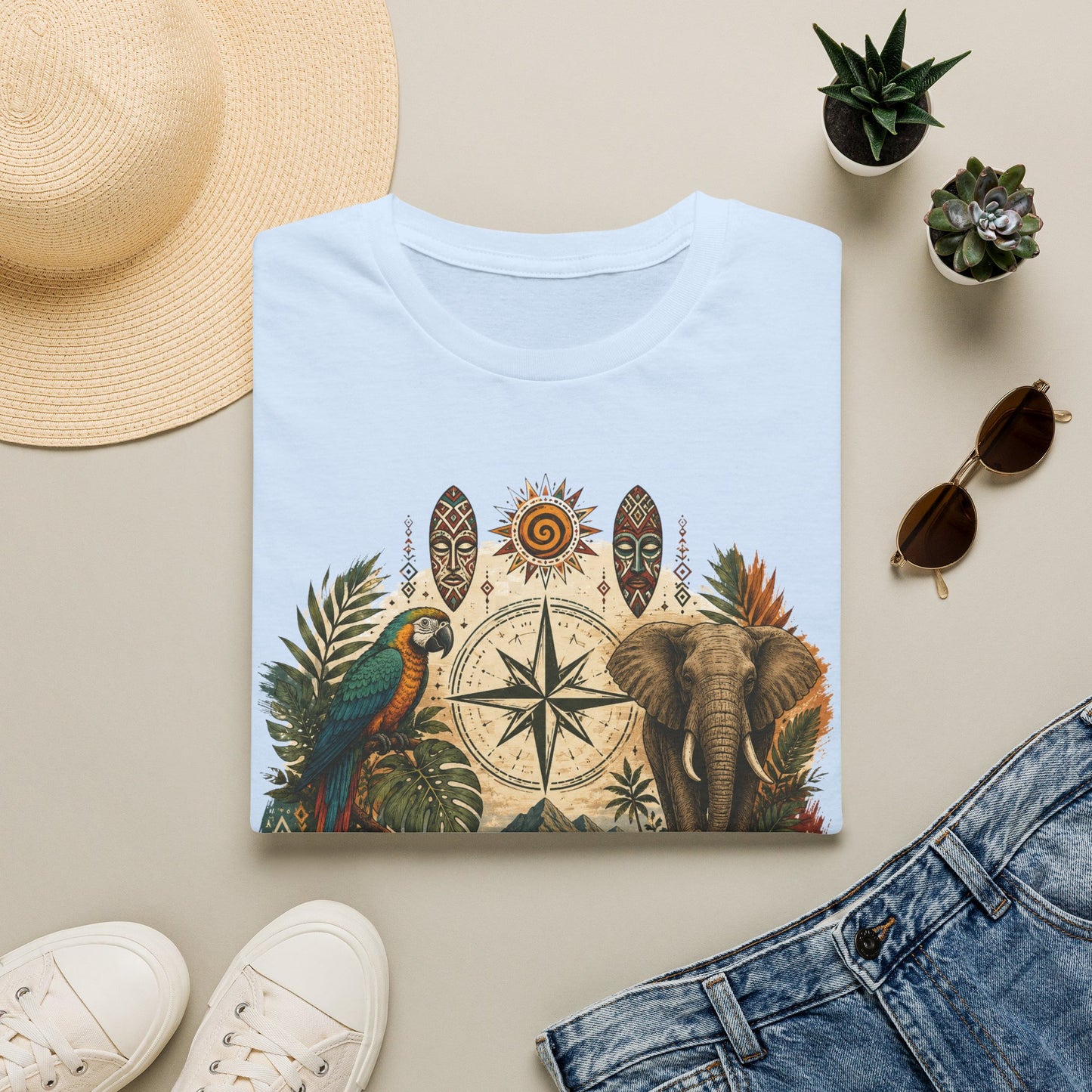 Safari Compass T‑Shirt — Vintage Elephant & Parrot Adventure Tee