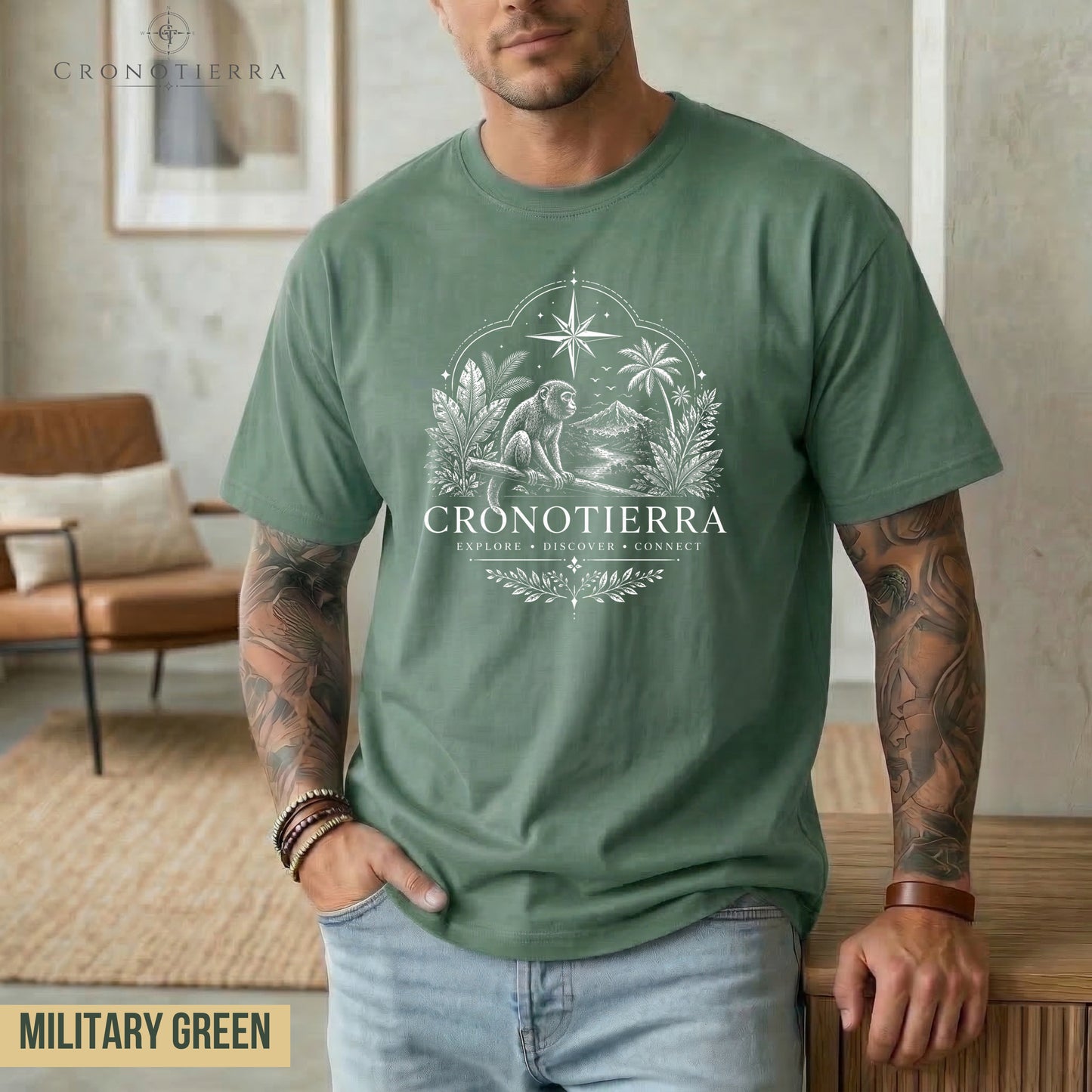 Adventure Monkey T-Shirt — 'Cronotierra' Vintage Jungle Compass Tee