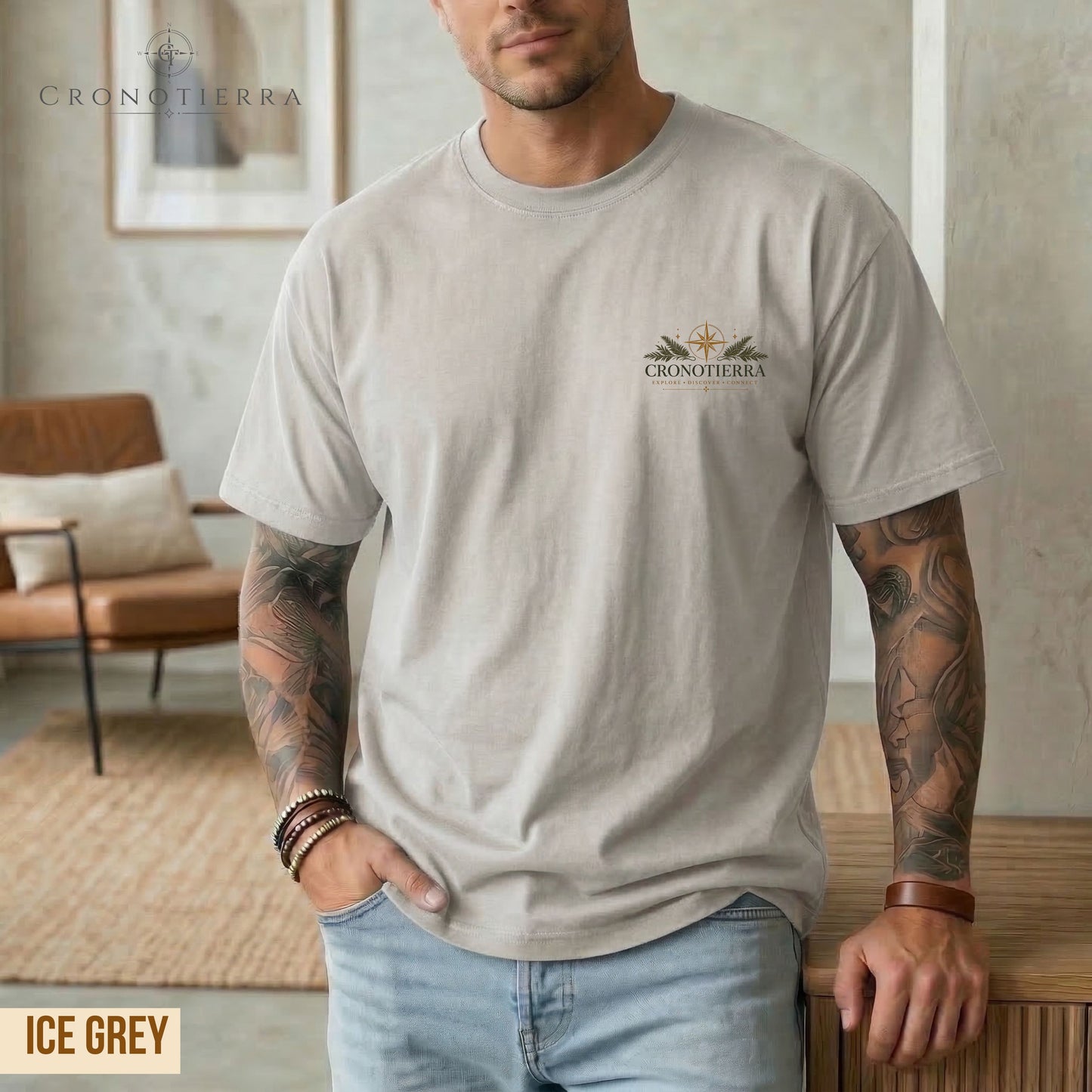 Cronotierra Logo T‑Shirt — Minimal Sunrise Botanical Graphic Tee